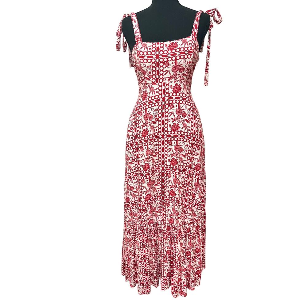 AQUA Tile Print Maxi Dress S Red White Floral Linen Blend Tie Shoulder